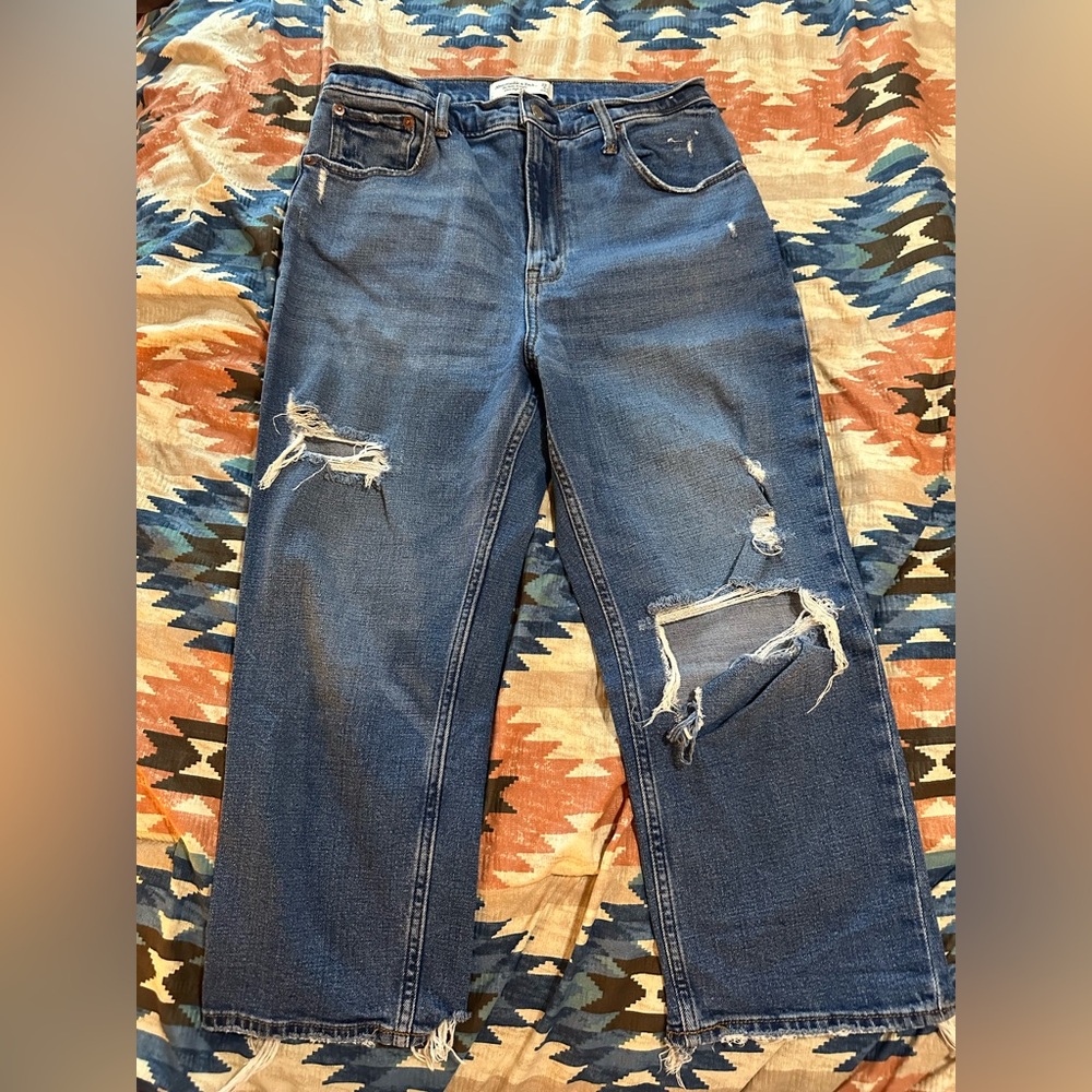 Abercrombie & Fitch Distressed Dark Blue Women's Straight Leg Jeans